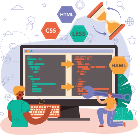 Programador trabajando en desarrollo de software.  Ilustración