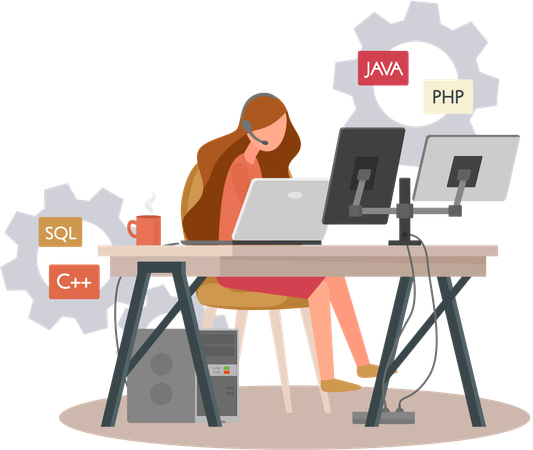 Programador trabajando en desarrollo web en computadoras  Ilustración