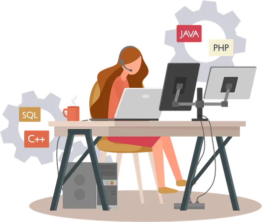 Programador trabajando en desarrollo web en computadoras  Ilustración