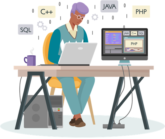 Programador trabajando en desarrollo web en computadoras  Ilustración