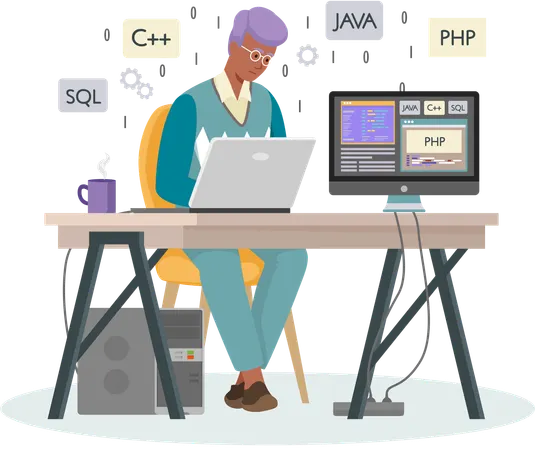 Programador trabajando en desarrollo web en computadoras  Ilustración