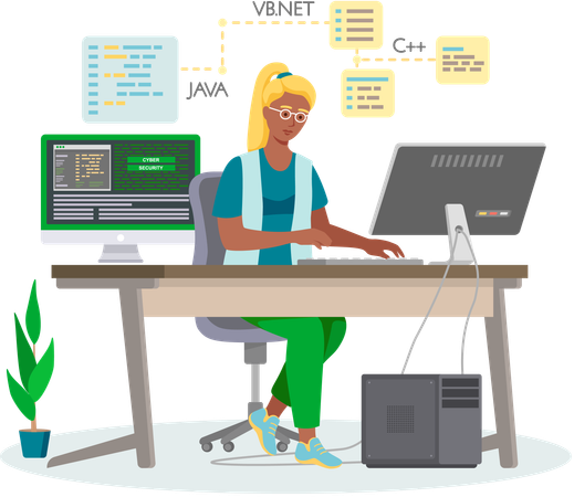 Programador trabajando en desarrollo web en computadoras  Ilustración