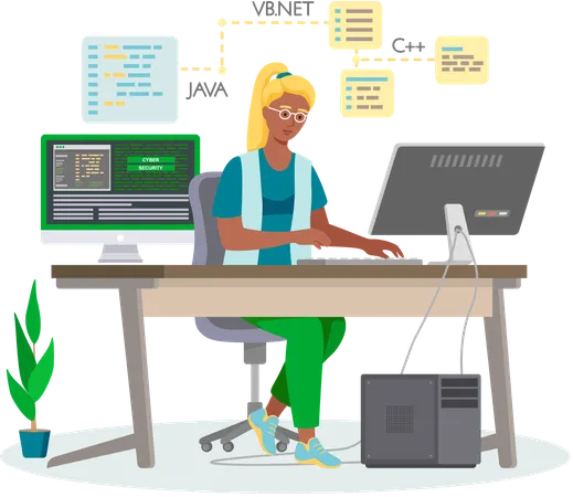Programador trabajando en desarrollo web en computadoras  Ilustración