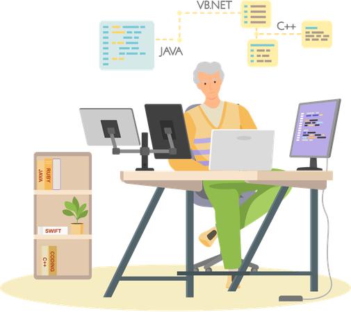 Programador trabajando en desarrollo web en computadoras  Ilustración