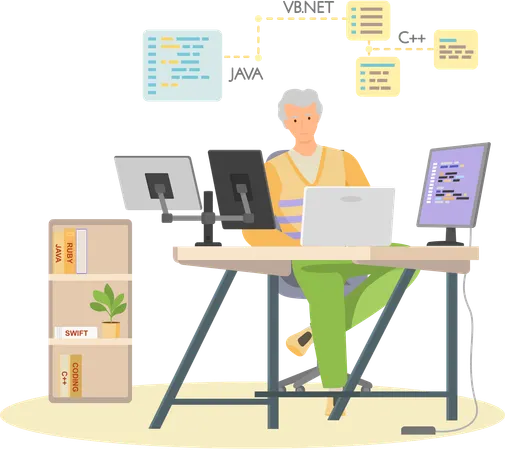 Programador trabajando en desarrollo web en computadoras  Ilustración