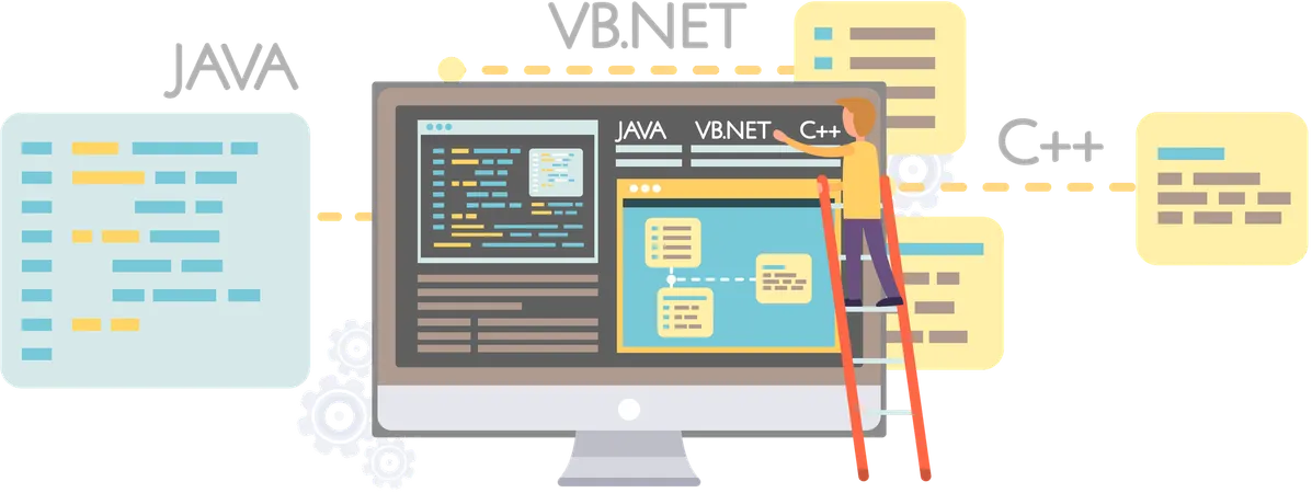 Programador trabajando en desarrollo web en computadoras  Ilustración