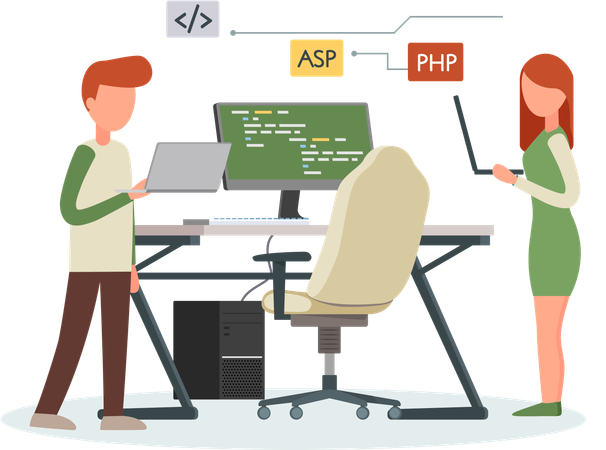 Programador trabajando en desarrollo web en computadoras  Ilustración