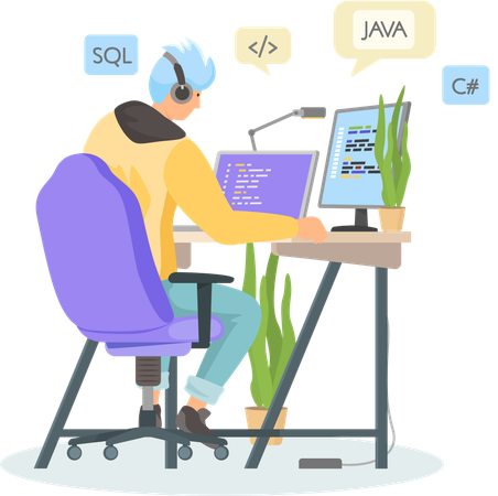 Programador trabajando en desarrollo web en computadoras  Ilustración