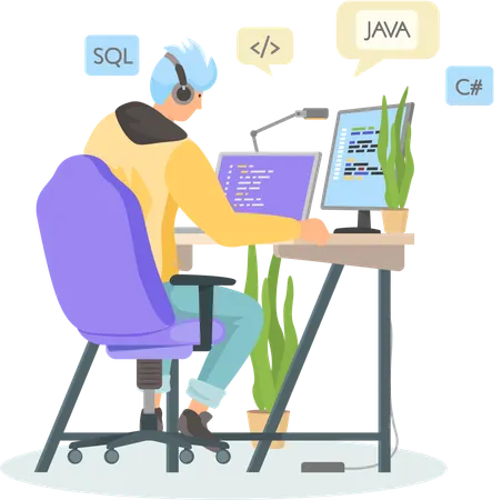 Programador trabajando en desarrollo web en computadoras  Ilustración