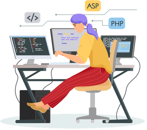 Programador trabajando en desarrollo web en computadoras  Ilustración