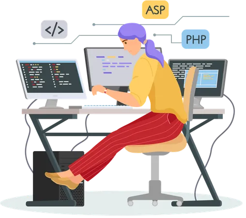 Programador trabajando en desarrollo web en computadoras  Ilustración