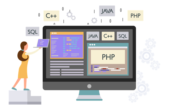 Programador trabajando en desarrollo web en computadoras  Ilustración