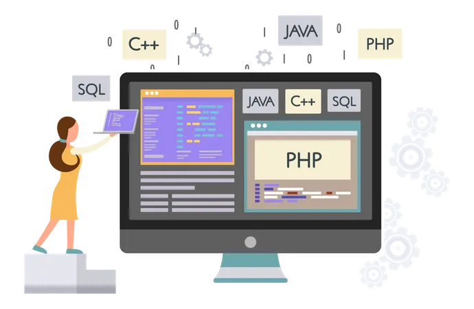 Programador trabajando en desarrollo web en computadoras  Ilustración