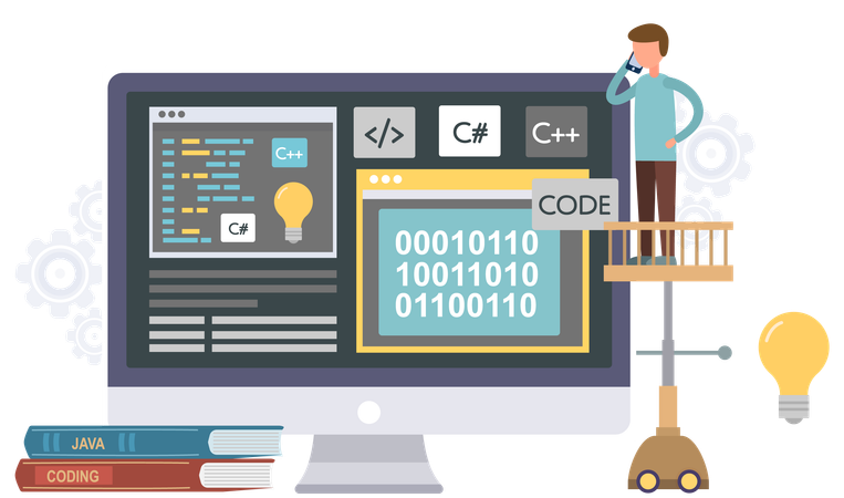Programador trabajando en diseño web en computadoras  Ilustración