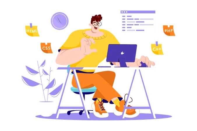 O programador trabalha no computador e escreve código para programa  Illustration