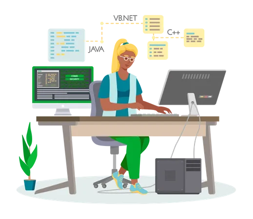 Programador trabalhando em desenvolvimento web no computador  Ilustração