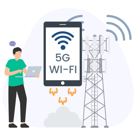 Programador usando laptop com wi-fi 5g e torre de rede  Ilustração
