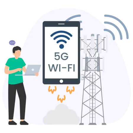 Programador usando laptop com wi-fi 5g e torre de rede  Ilustração