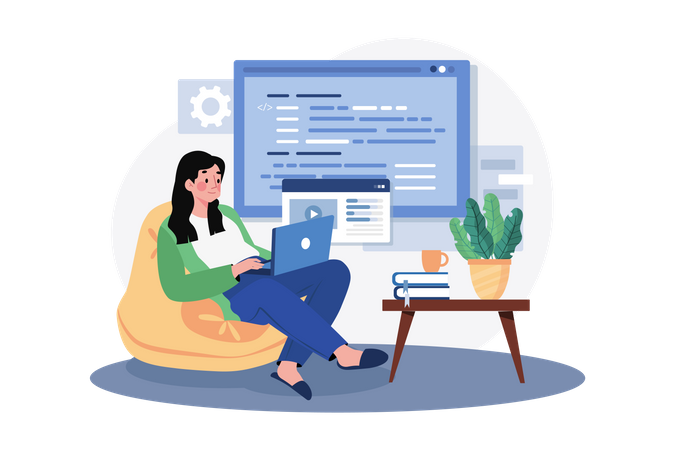 Programadora de mulher trabalhando em um novo projeto  Ilustração