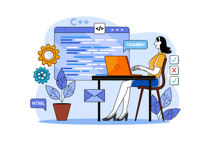 Programadora de mulher trabalhando em um novo projeto  Ilustração