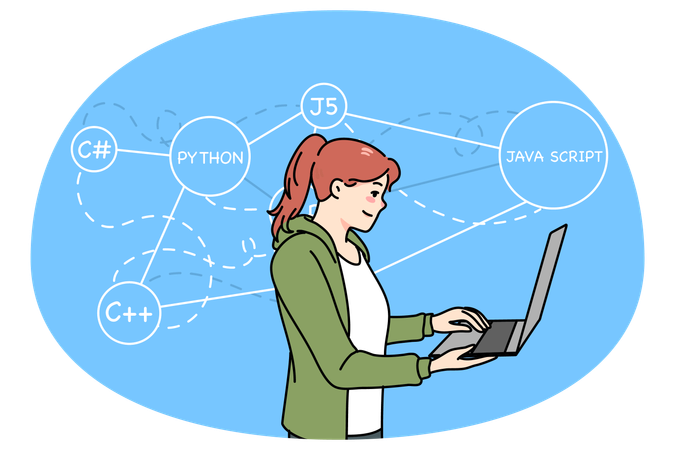 Mujer programadora escribiendo códigos en la computadora  Ilustración