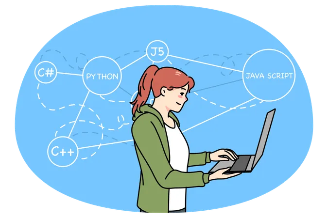 Mujer programadora escribiendo códigos en la computadora  Ilustración