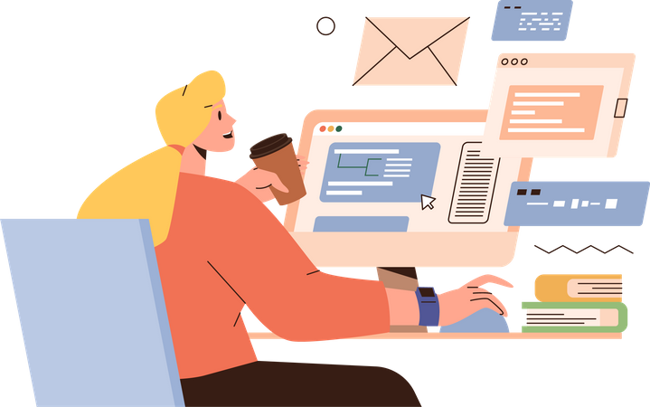 Programadora feminina trabalhando on-line  Ilustração