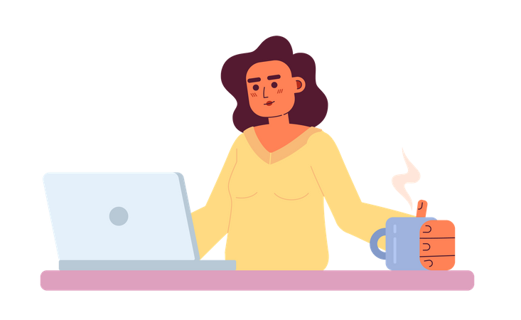 Programadora freelancer feminina com laptop e xícara  Ilustração