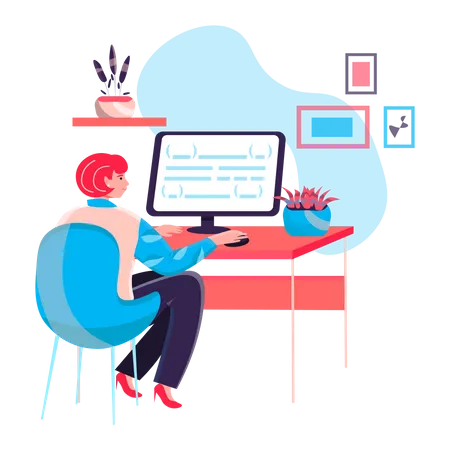 Programadora feminina trabalhando no computador  Ilustração