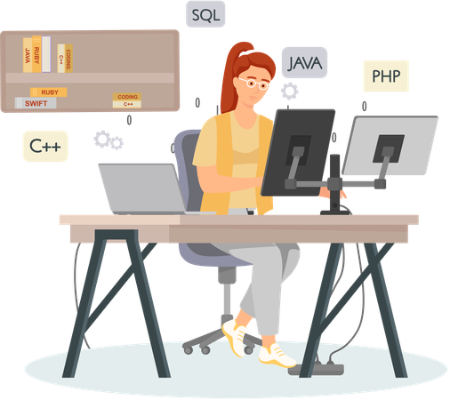Mujer programadora trabajando en desarrollo web en computadoras  Ilustración