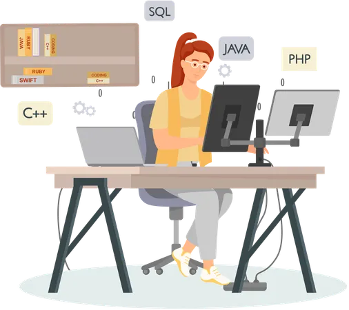 Mujer programadora trabajando en desarrollo web en computadoras  Ilustración
