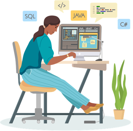 Mujer programadora trabajando en desarrollo web en computadoras  Ilustración