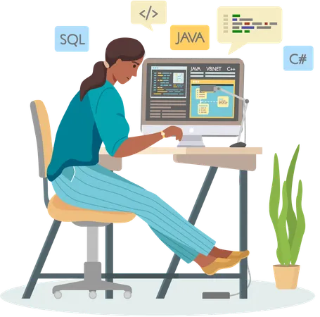 Mujer programadora trabajando en desarrollo web en computadoras  Ilustración