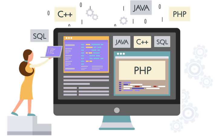 Mujer programadora trabajando en diseño web en computadoras  Ilustración