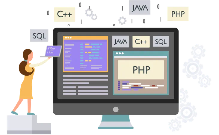 Mujer programadora trabajando en diseño web en computadoras  Ilustración