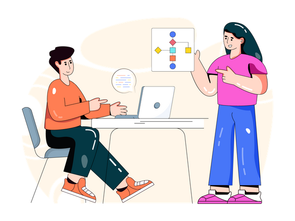 Programadores discutindo fluxograma  Ilustração
