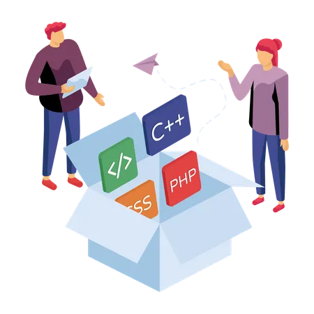 Programadores trabalhando em linhas de código  Ilustración