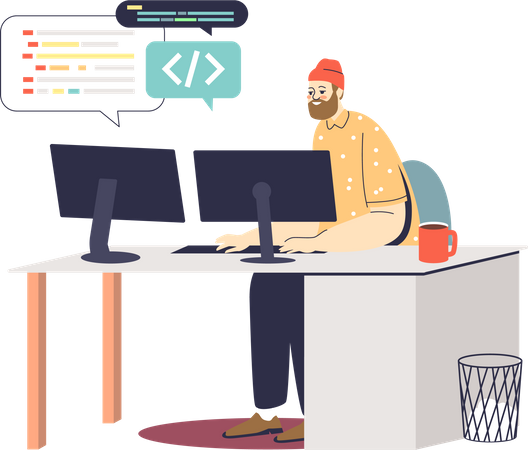 Programmer at workplace coding and developing new app Illustration