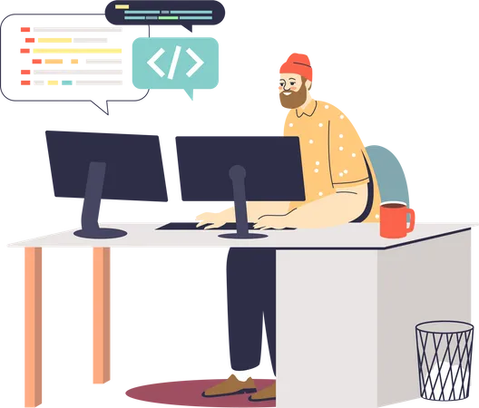 Young Programmer At Workplace Coding And Developing New App Or Website On Computer Hipster Coder Working Freelance Web Developer Cartoon Flat Vector Illustration Illustration