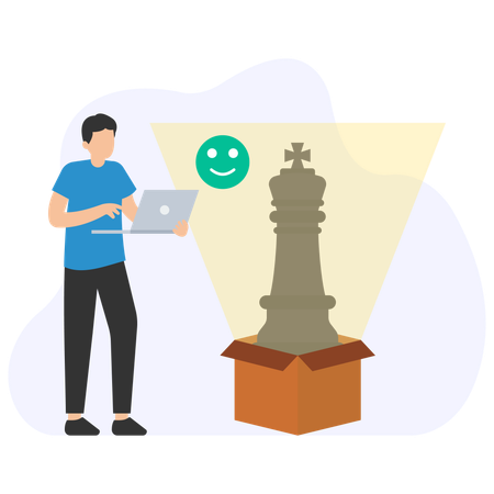Programmer developing a strategy game with a king chess piece and a positive feedback  Illustration