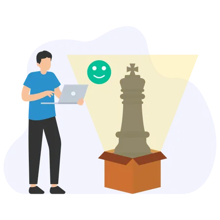 Programmer developing a strategy game with a king chess piece and a positive feedback  Illustration