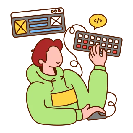 Programmer holding mouse and keyboard to create website Illustration