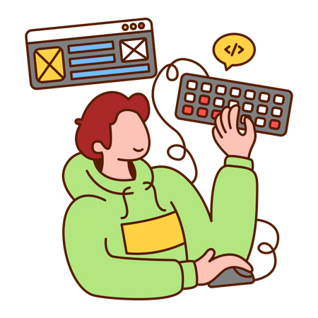 Programmer holding mouse and keyboard to create website  Illustration