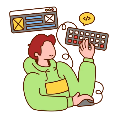 Programmer holding mouse and keyboard to create website  Illustration