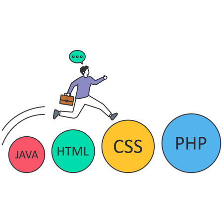 Programmer jumping across programming language s representing a career path and skill development with Java HTML CSS and PHP Illustration