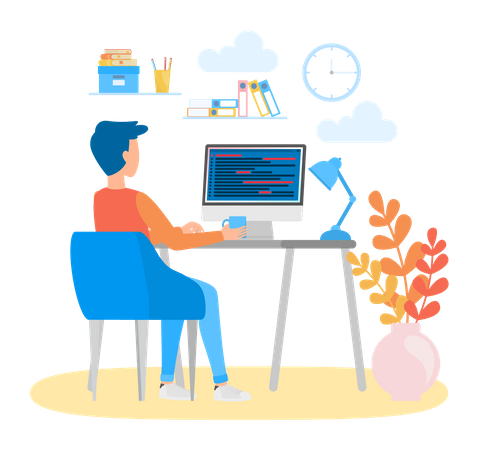 Programmer sitting at desk and working on computer  Illustration