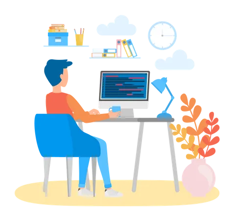 Programmer sitting at desk and working on computer  Illustration