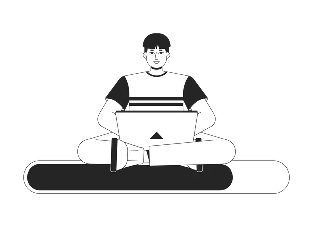 フラットなデザインの白黒の読み込みバーに座るプログラマー。ラップトップで作業するアジア人男性。 Web ローダー UI UX。グラフィカル ユーザー インターフェイス。白い背景のアウトライン漫画ベクトル イラスト イラスト