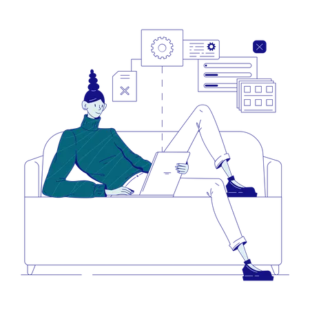 Programmer sitting on couch with laptop  Illustration