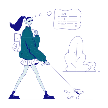 Programmer walking with dog Illustration